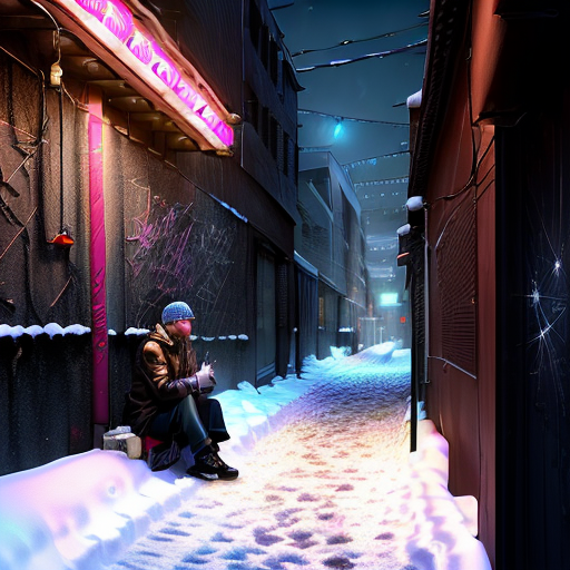 An intense conversation in a secluded alley lit by the harsh glow of neon signs, with a wary Snow offering a calculating, stern Thread an unseen pact.